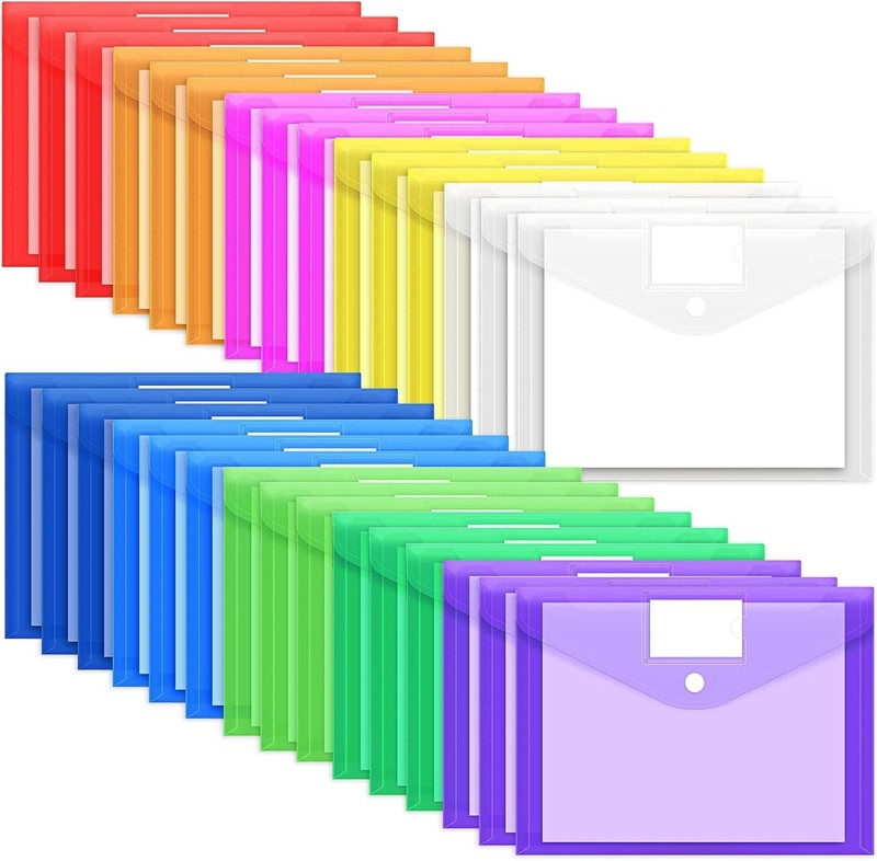 30 Pack 10 Color Plastic Envelopes Poly Envelopes, Hook & Loop Closure File F…