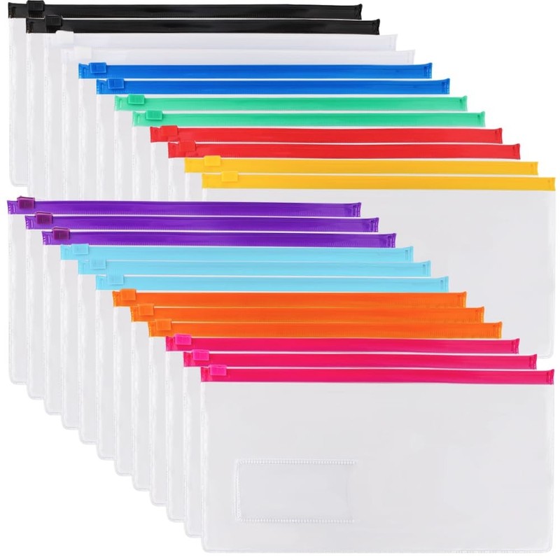 24pcs Zip Envelopes Plastic, A6 Size 9×4.7in, Office File Bags, 10 Colors