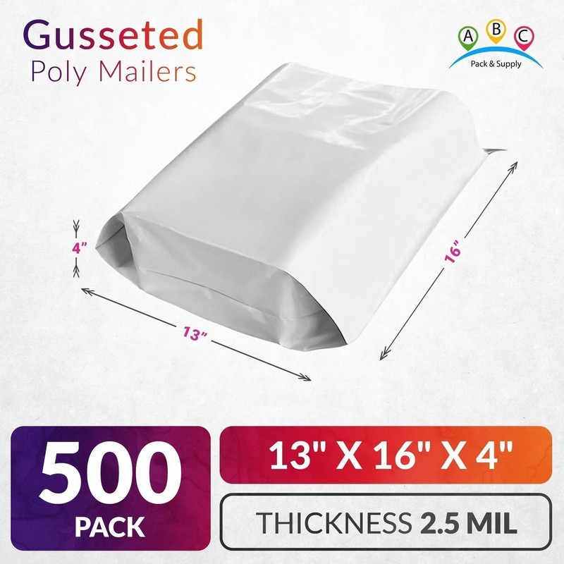 White Gusseted Poly Mailers 13x16x4 Poly Shipping Bags Clothing 2.5 Mil 500ct gallery