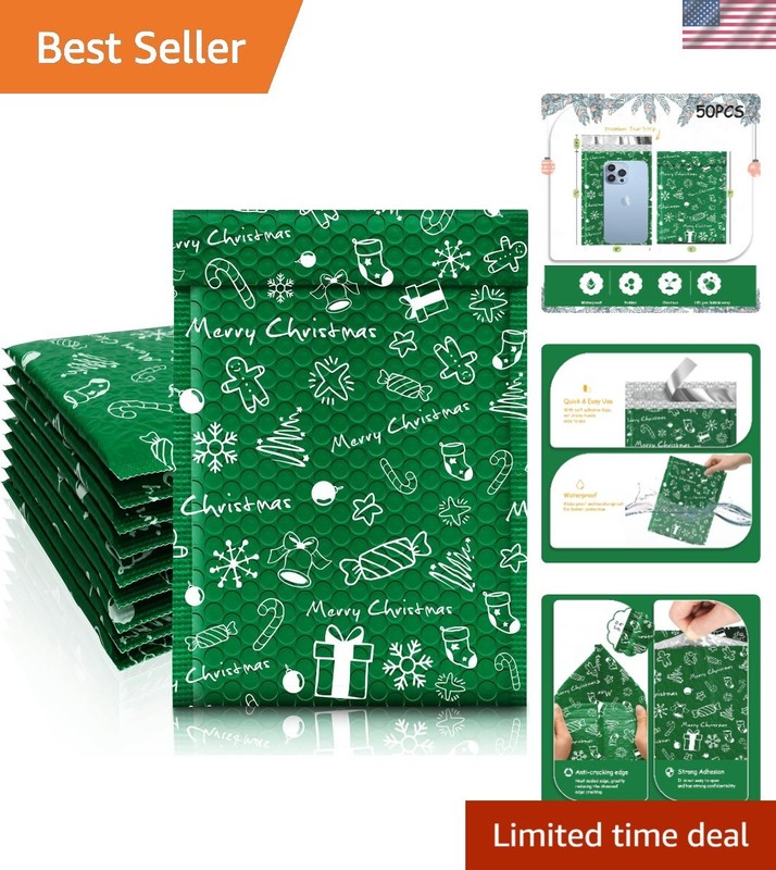 50 Pack Christmas Bubble Mailers 4×8 – Self-Sealing, Strong Adhesion for Gifts