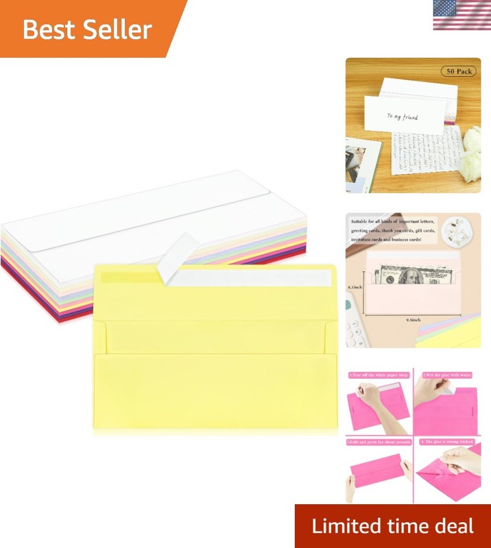 50 Pack Colorful Self-Seal Envelopes – Perfect for Business and Personal Use