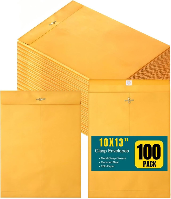 100Pcs Heavy Duty Kraft Paper Manila Clasp Envelopes – 10X13” Bulk Manila Envelo