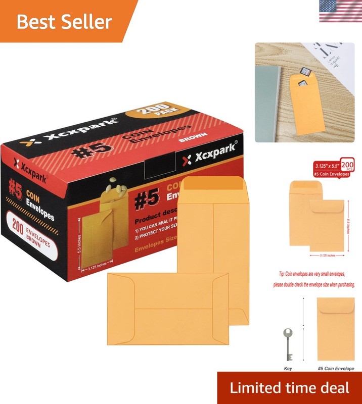Heavy Duty 200PCS Gummed Kraft Envelopes, 3.125×5.5 for Cash & Coin Storage