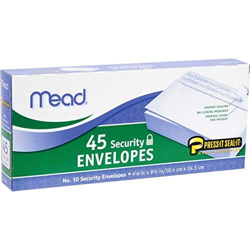 Mead No.10 Envelopes, Security, Press-it Seal-it, 4-1/8" X 9-1/2", White, 45 Per gallery