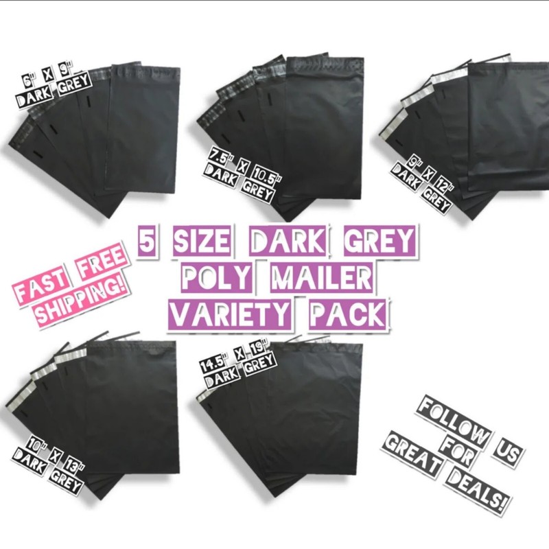 150 Mix Size Dark Grey Poly Mailers Variety Pack (30 ea) Shipping Envelopes