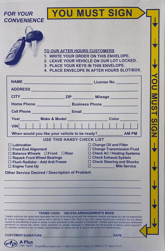 Key Drop off Envelope – EBNO-1-Y – 500 Qty. (W1)