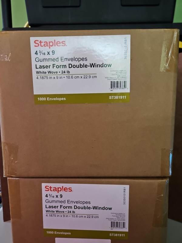 Staples 1000 Gummed Double Window Envelopes. 4-3/16 × 9 White Envelopes New