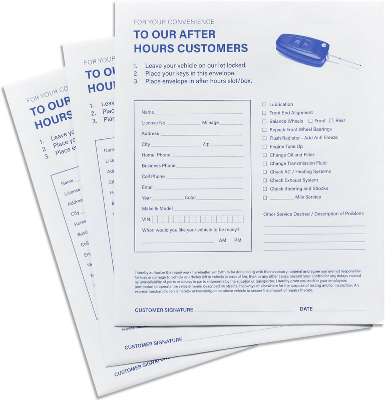 Key Drop off Standard Envelopes for after Hours | Auto Shop Repair/Service Drop