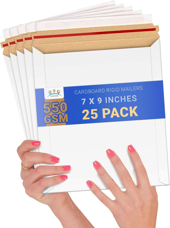ABC White Rigid Mailers 7 X 9, Self-Seal Hard Shipping Envelopes Pack of 25, No