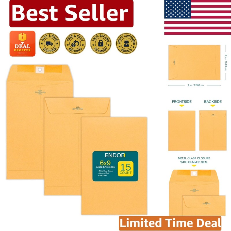 15 Pack Brown Kraft 6×9 Clasp Envelopes – Heavyweight 28lb Document Security