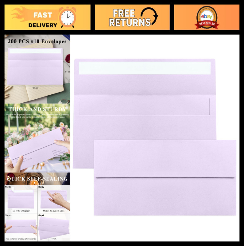 200 Light Purple #10 Self-Seal Envelopes – 4 1/8 x 9 1/2 Inch for Business, Wedd