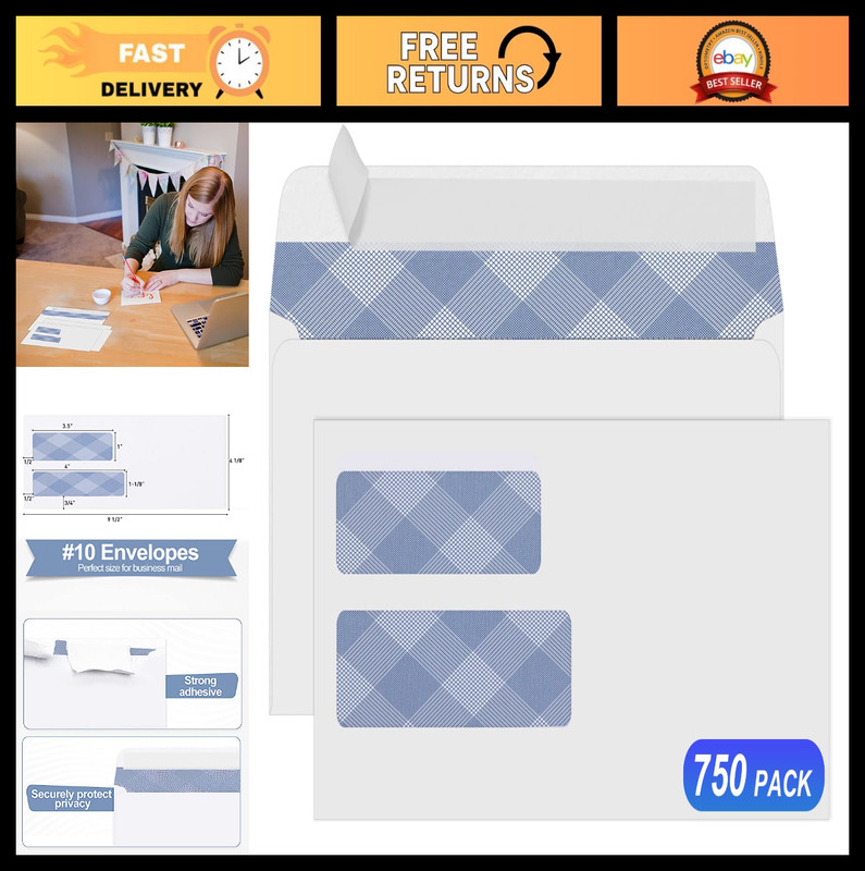 750 #10 Self-Seal Double Window Security Envelopes for Invoices & Documents – 24