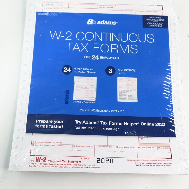 Adams W2 Continuous Tax Forms 2020 for 24 Employees 6-Part Laser W-3 Summary