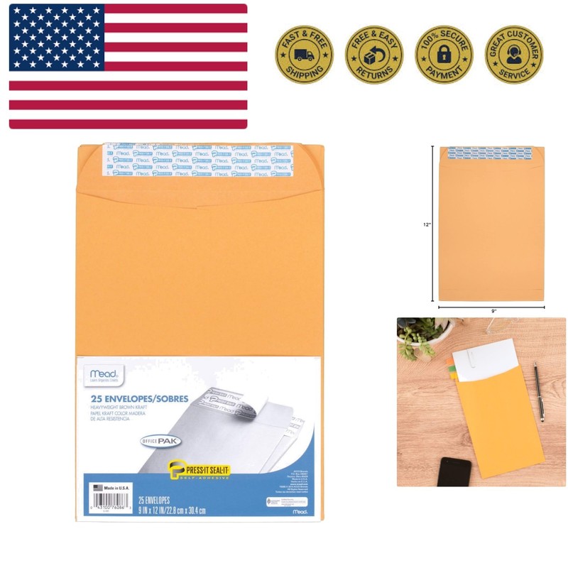 Envelopes, Letter Size 9″ x 12″, Press-It Seal-It Self Adhesive Closure, Brow…
