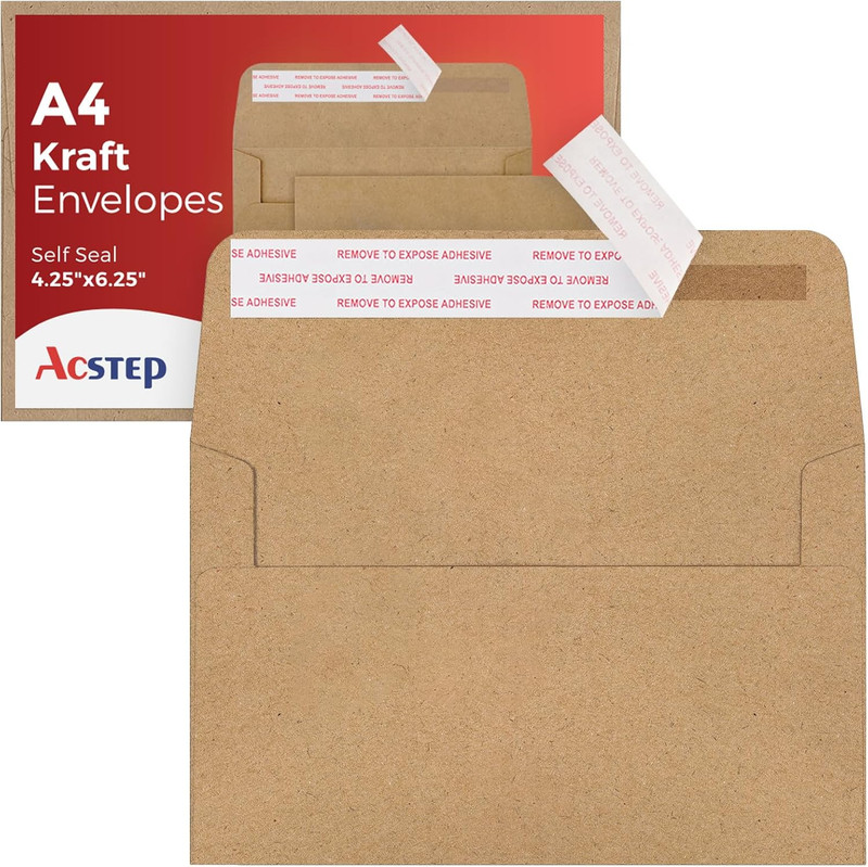 100Pack A4 Envelopes 4-1/4 X6-1/4 Inch Self Seal Brown Kraft 4X6 Envelopes For f gallery