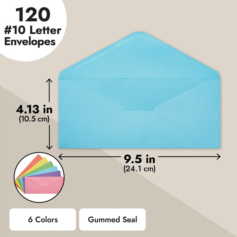 Business Envelopes 120 Pack 4.125x9.5 Assorted Colors Gummed V Flap Office gallery