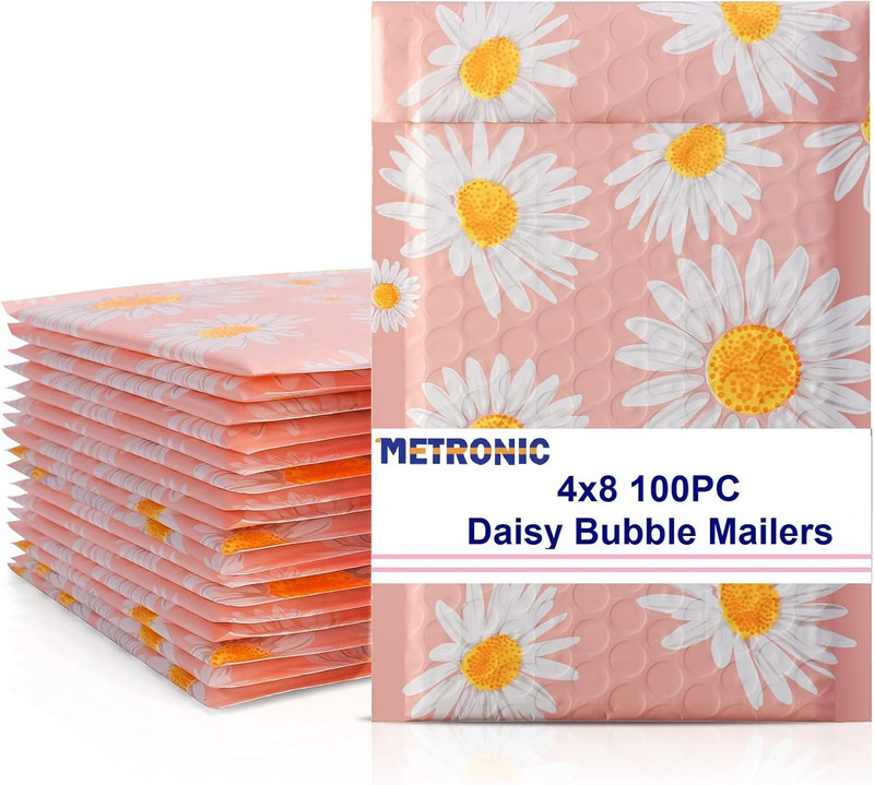 4X8 Inch Bubble Mailer 100Pack, Pink Small Bubble Mailers, Fancy Daisy Bubble En