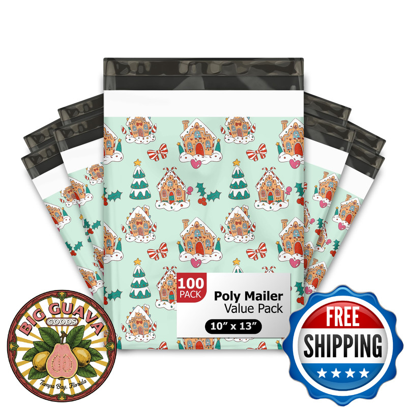 10×13 Gingerbread House Christmas Designer Poly Mailers Self Sealing Waterproof