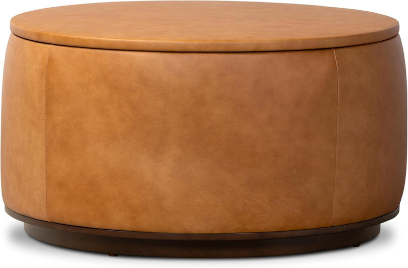 Herve Storage Ottoman – round Italian Full-Grain Leather Ottoman with Hidden Sto