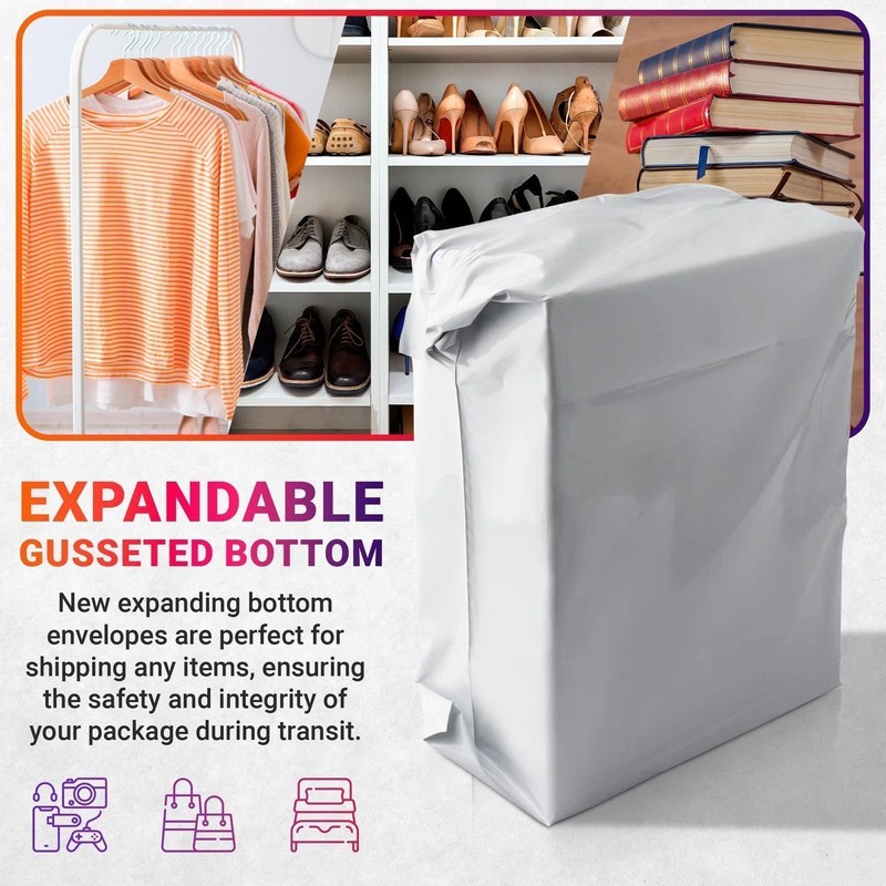White Gusseted Poly Mailers 13x16x4 Poly Shipping Bags Clothing 2.5 Mil 500ct gallery