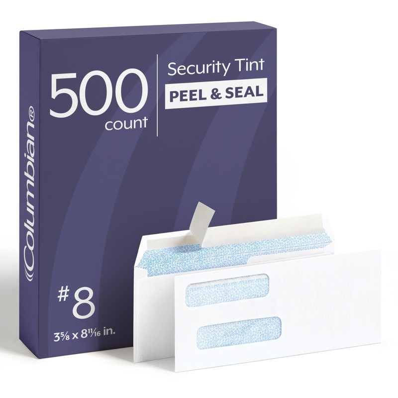 #8 Double-Window Self Seal Security Tint Envelopes, 500/Box, 24lb White Wove,…