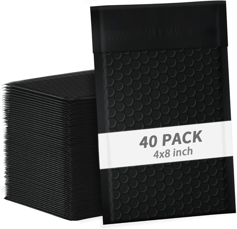 4×8 Inch Black Bubble Mailers 40 Pack Self-Seal (Black, 4 x 8-40)