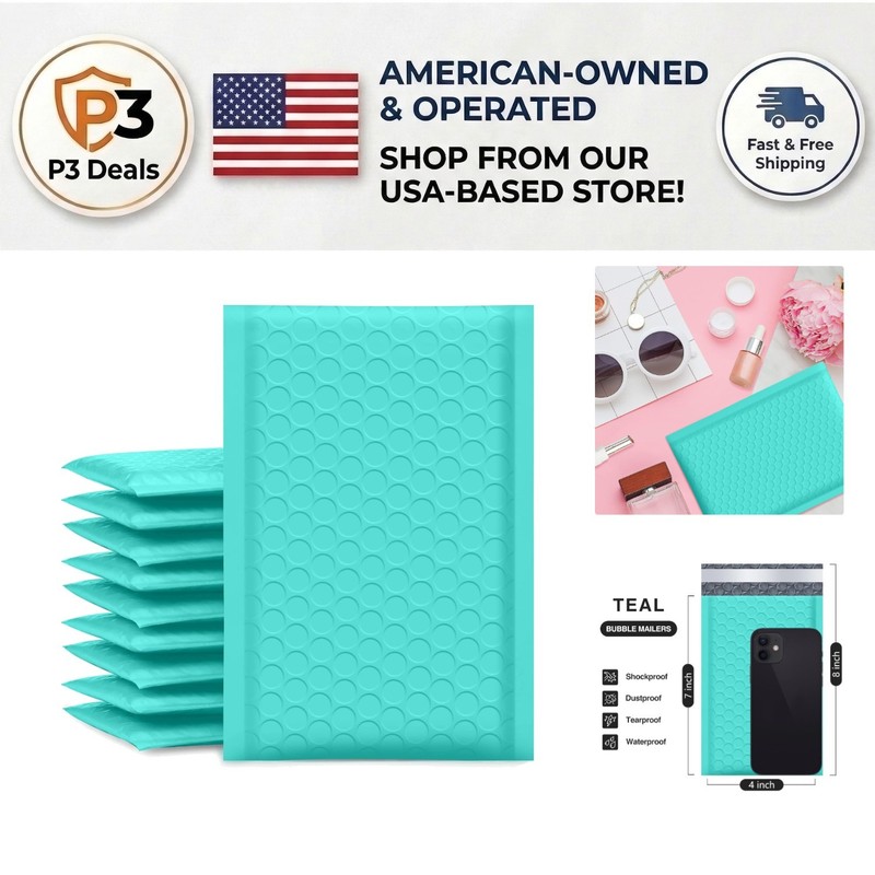 Teal Bubble Mailers 4×8 Inch, 50 Pack – Self-Sealing & Waterproof Shipping Bags