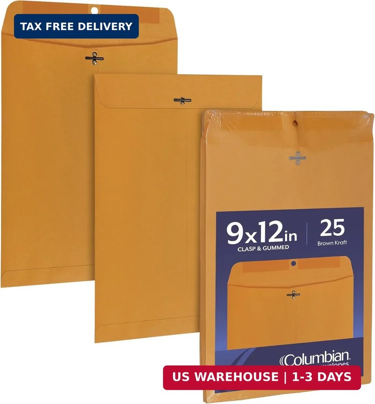 Columbian 9 x 12 Clasp Envelopes, Gummed, 24 lb Kraft Multipurpose Envelopes for