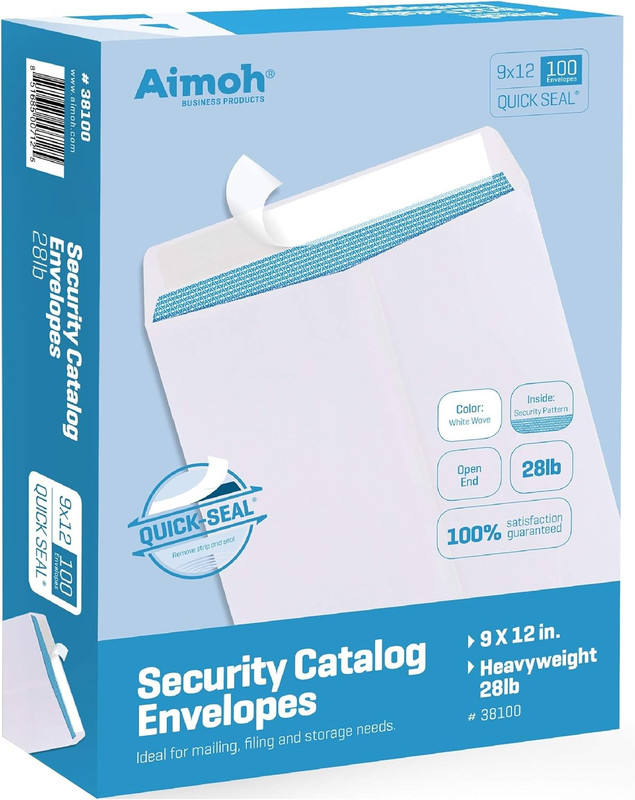100 9 X 12 SELF Seal Security White Catalog Envelopes – 28Lb – Security Tinted,