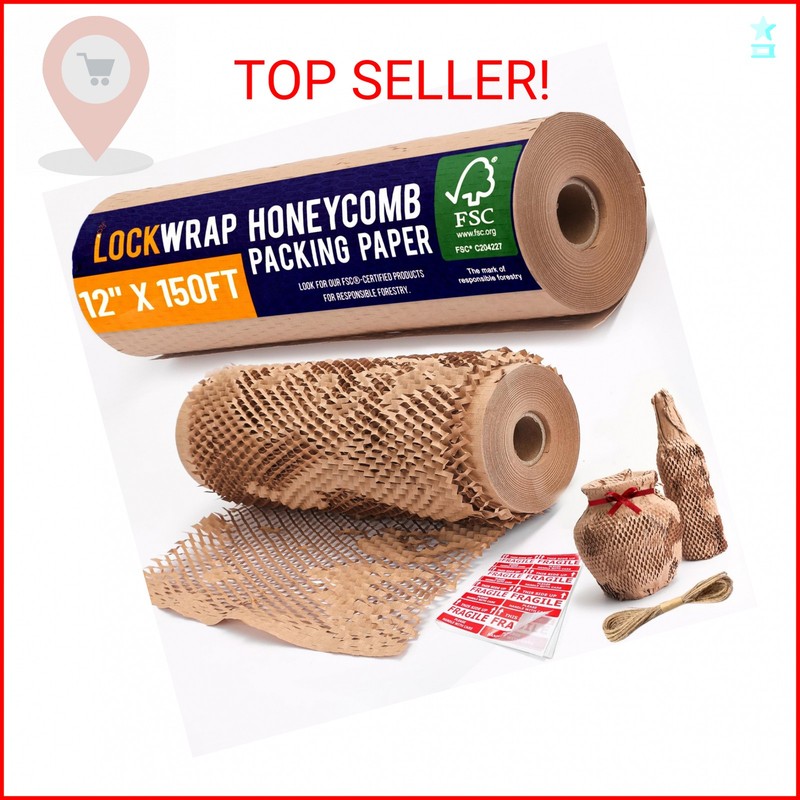 Honeycomb Packing Paper 12" x 150ft with Rope & 20 Fragile Stickers|Shipping & M