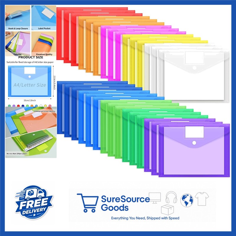 Brightly Colored Plastic Envelopes 30 Pack A4 Size with Hook & Loop Closure