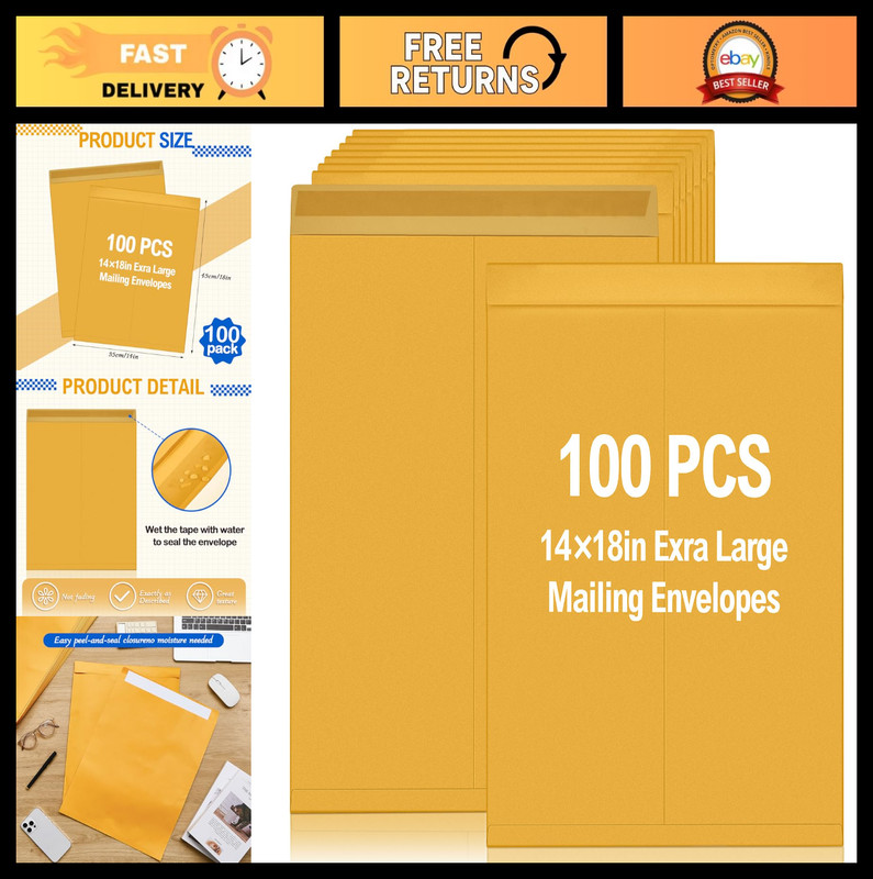 100 Pcs Extra Large 14″ x 18″ Mailing Envelopes, Jumbo Gummed Flaps for Document
