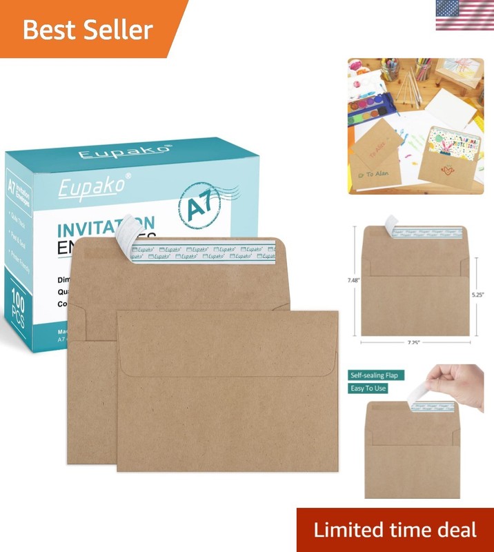 Durable 5×7 Kraft Paper Envelopes – Self-Sealing, 100 Count for Invites & Cards