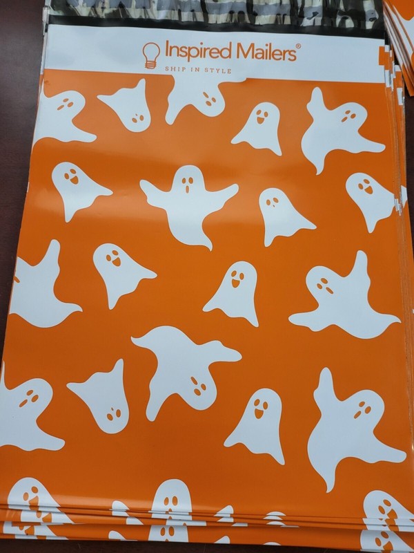 25 Poly mailers 10 x 13″ Self Sealing White Ghost on Orange Inspired Mailers
