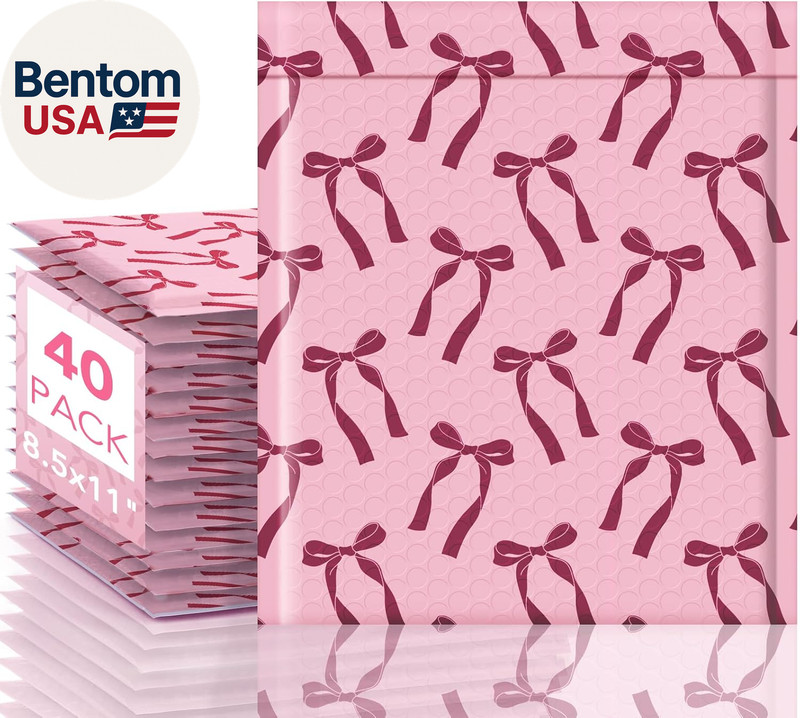 Bubble Mailers 8.5X12 40 Pack, Pink Bows Cute Design Bubble Envelopes Usable Siz