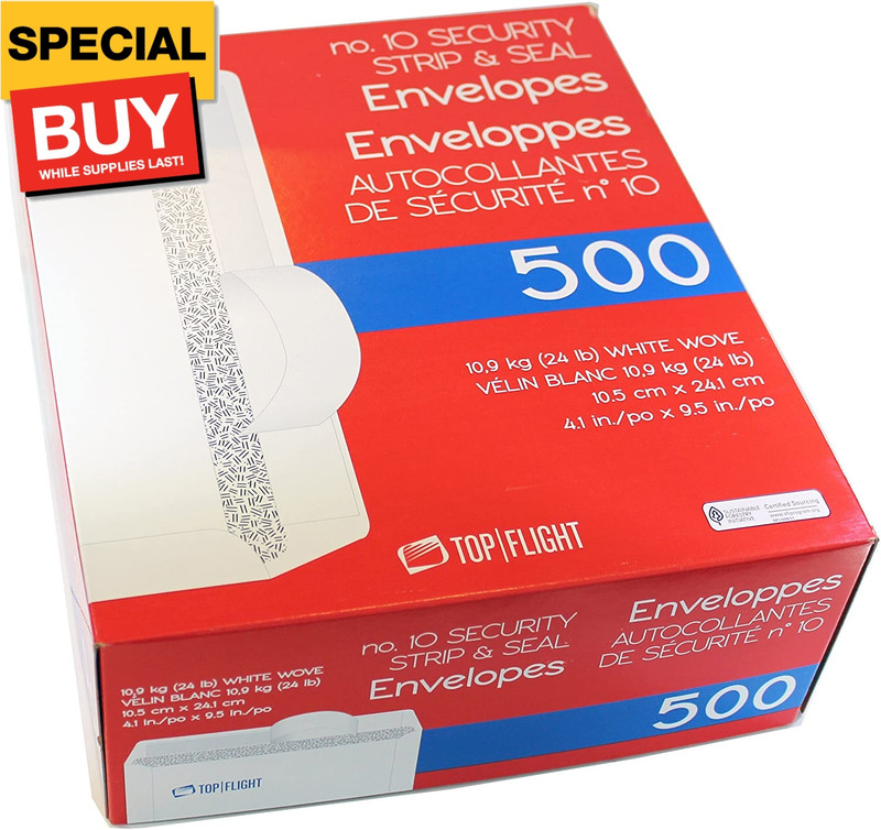 PSTF10NWT #10 Envelopes, Strip & Seal, Security Tinted, White Paper, 24 lb, 500