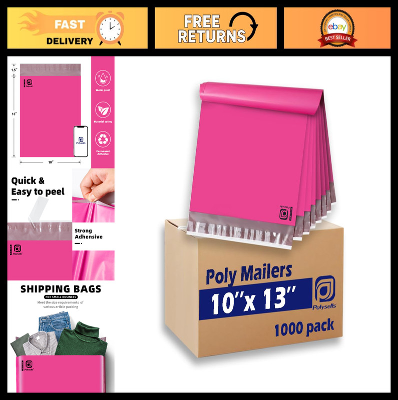 1000 Pcs Pink Poly Mailers 10×13″ Shipping Envelopes, Waterproof, Tear-Resistant