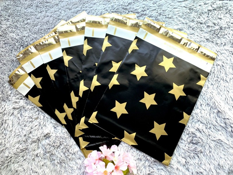 20 Pcs – Designer Printed Poly Mailers 10X13 Shipping Envelope BLACK GOLD STARS