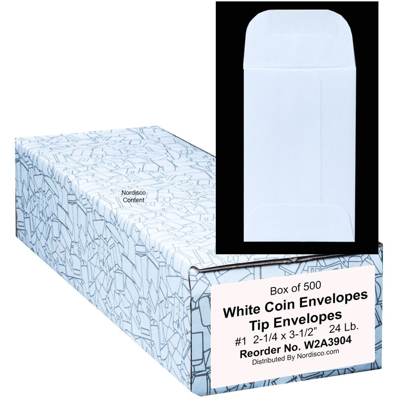 #1 White Coin Envelopes, Tip Envelopes, 2-1/4 x 3-1/2″, 24lb. Box of 500