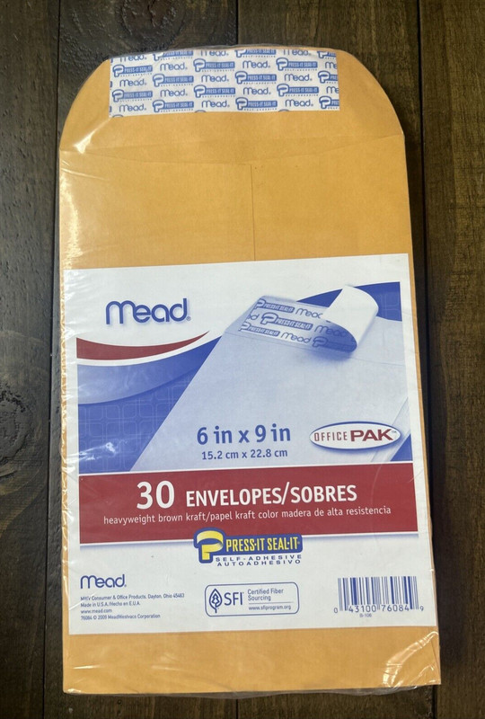 Mead Press-It Seal-It 6X9 Envelopes, Office Pack 30 Count (76084)