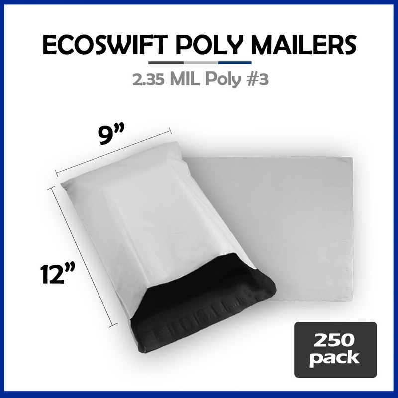 250 9×12 ECOSWIFT WHITE POLY MAILERS SHIPPING ENVELOPES BAGS 2.35 MIL 9 x 12