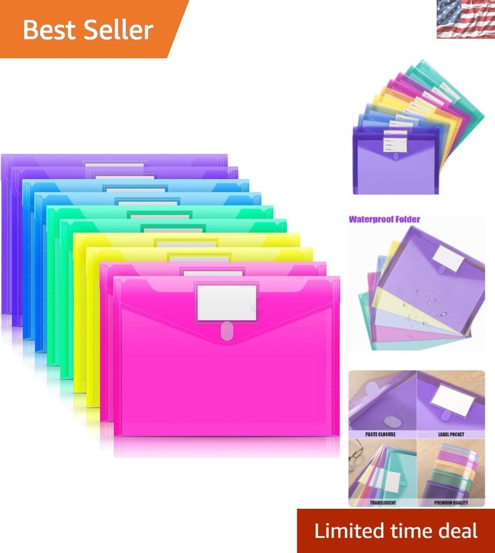 10-Pack Colorful Plastic Envelopes A4 Size with Label Pocket - Durable & Clear