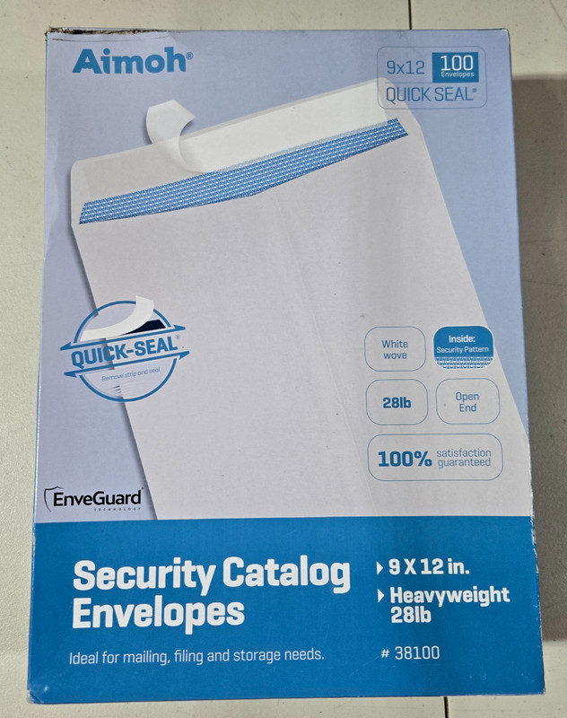 9 x 12" Self Seal White Catalog Envelopes - 28lb - 100 Security Pattern #38100 gallery