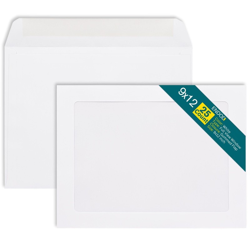 25 PCS 9×12 Full Face Window Envelopes 28lb Bright White 9×12 Inch Paper