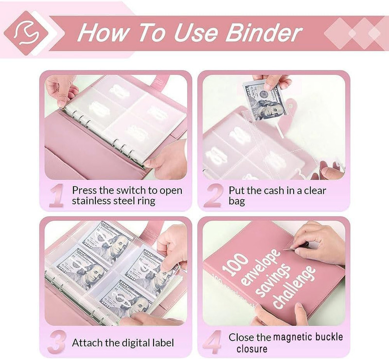 100 Envelope Money Saving Challenge Binder Budget Book Cash Organizer Pink gallery
