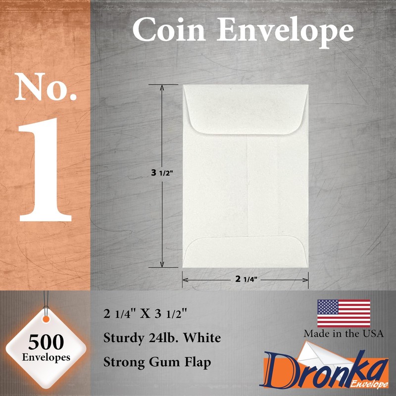 500 #1 Coin Envelopes, 2-1/4" x 3-1/2", White, 24lb Paper, Gummed Flap, 500 C... gallery