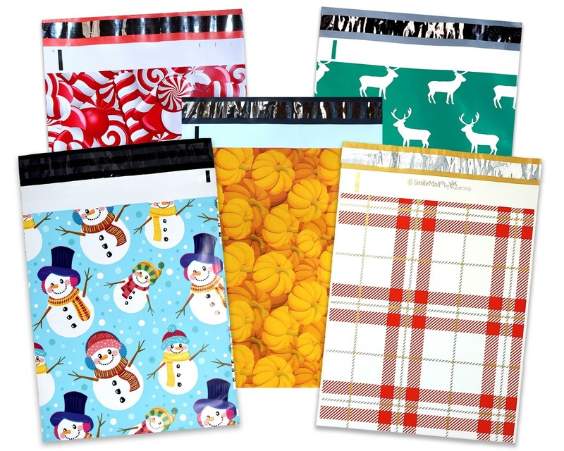 10×13 Winter Christmas Snowmen,Candy Cane, Pumpkin, Deer, Plaid Shipping Mailers