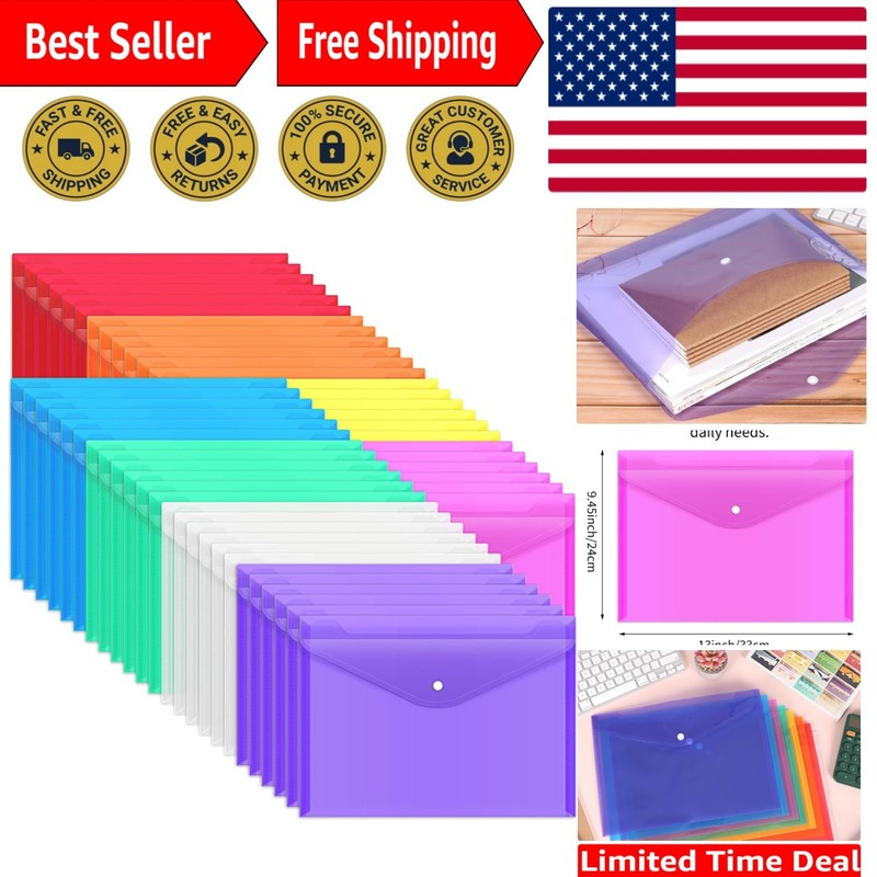 Bright 48 Pack A4 Plastic Envelopes with Snap Closure – Ideal for School & Work