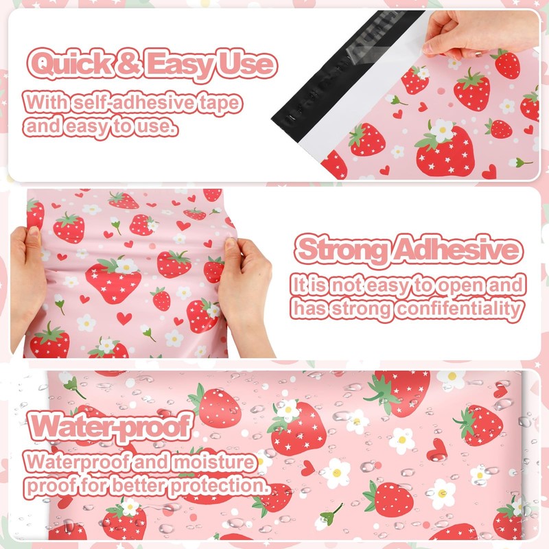 100Pcs Strawberry Poly Mailers 10 x 13 Inch Pink Fruit Packaging Bags Seal Ma... gallery