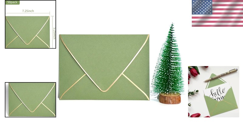 Thick Luxury Sage Green Envelopes with Gold Border - 5.25 x 7.25 Inches, 25 Pack gallery